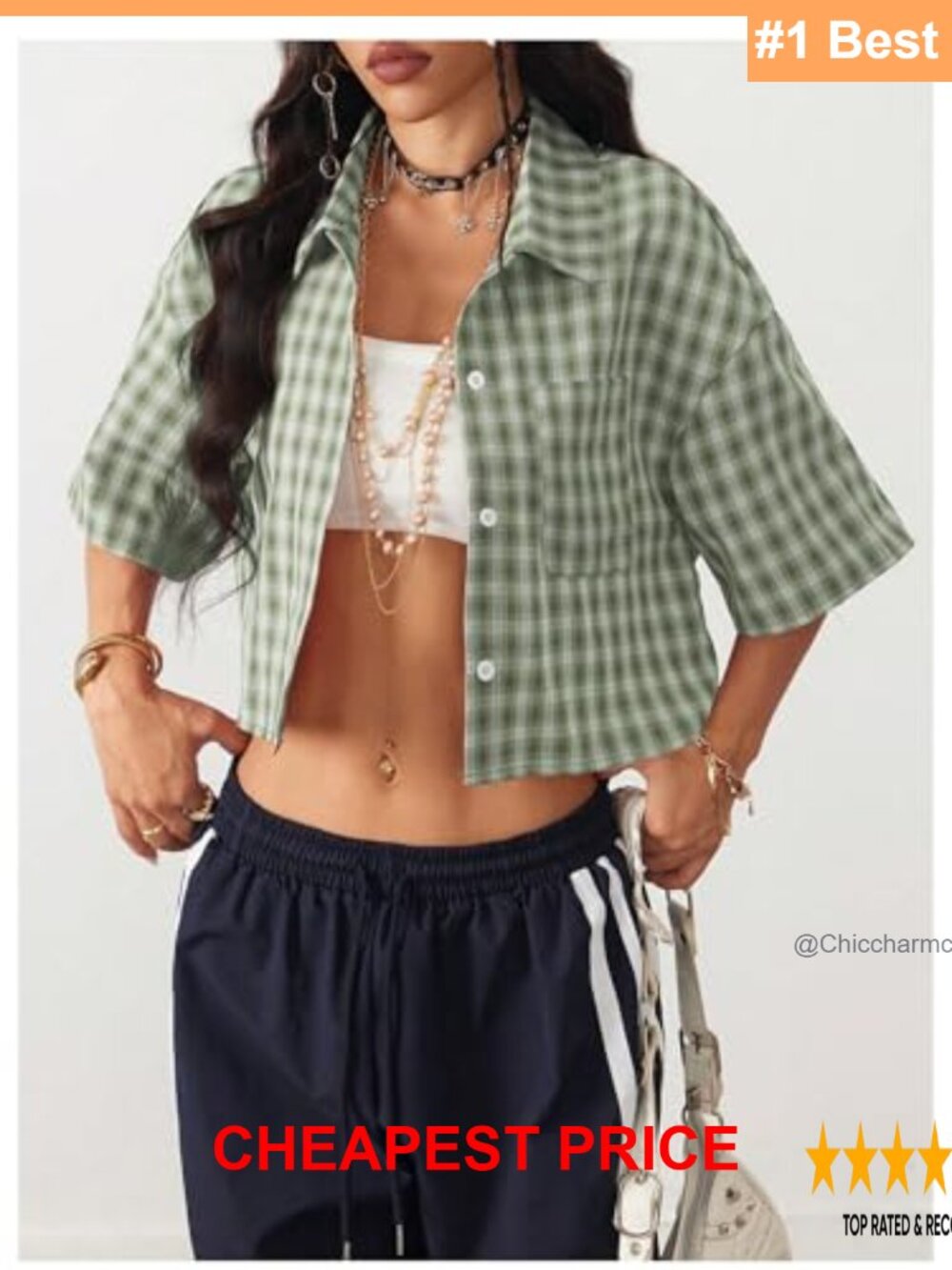Crop Button Down Plaid Short Sleeve Blouse - Picture 2 of 5